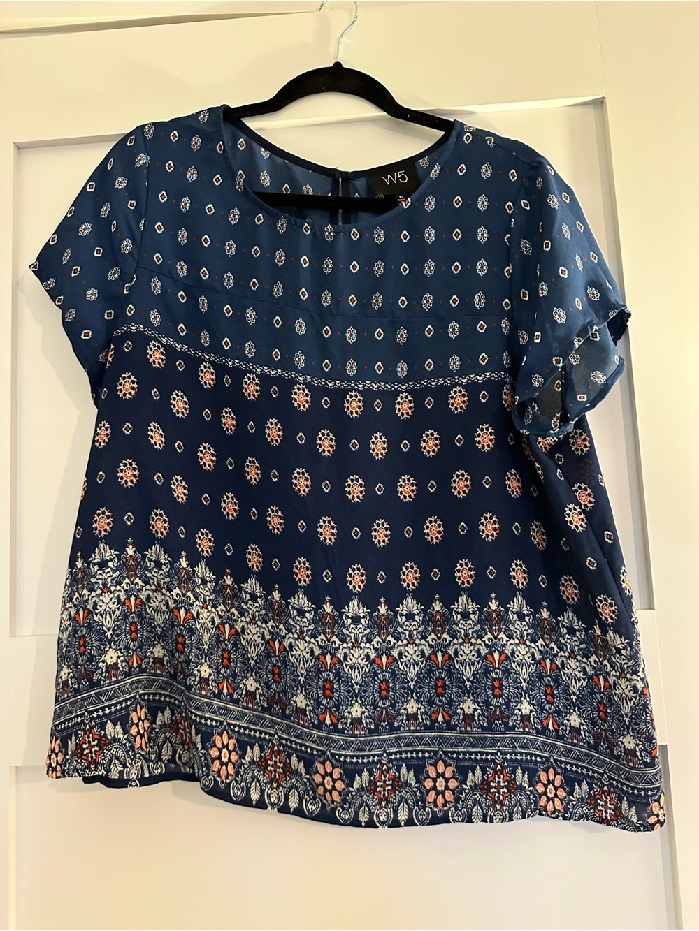 W5 Navy Printed Short Sleeve Boho Blouse